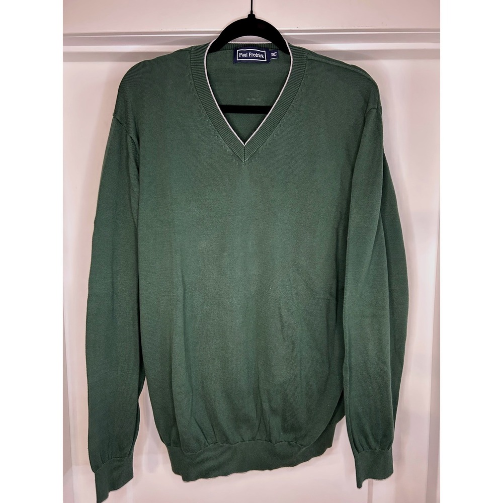 Paul Fredrick Mens XXL Tall Green 100% Pima Cotton V-Neck Sweater Pullover